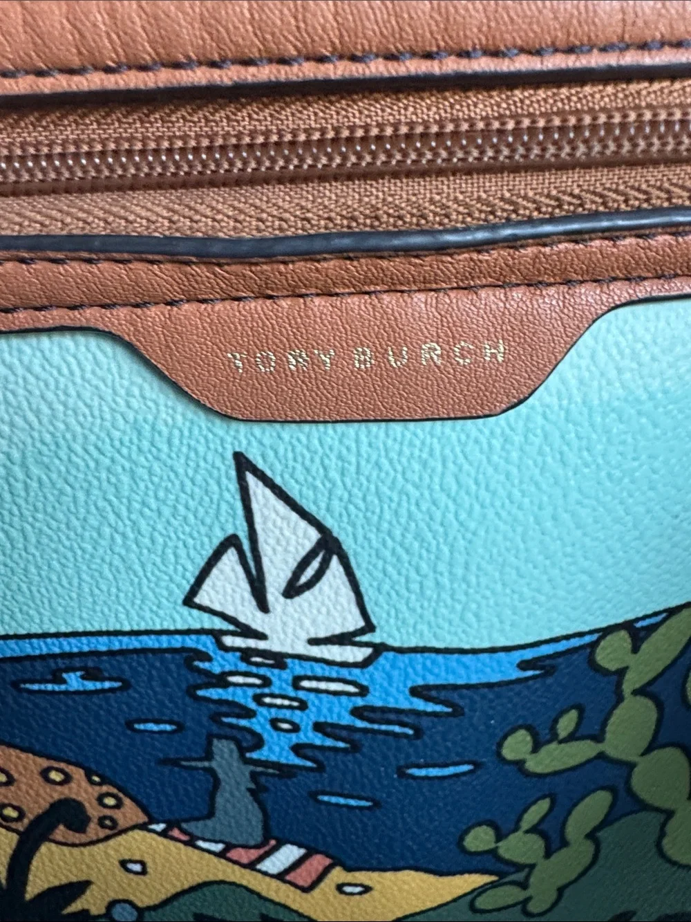 Tory Burch Kerrington Blue Parrot Tote with Brown Leather Handles